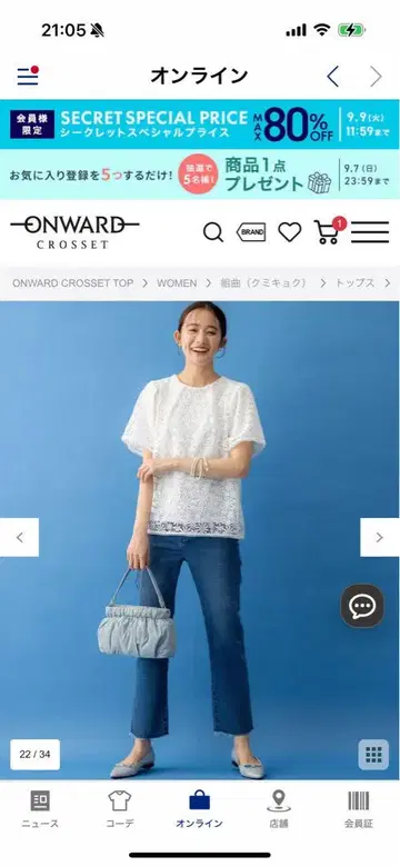 ONWARD 레이스 반팔 상의 화이트