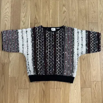80s 빈티지 디자인 니트 이소재 파일 자카드 셔닐