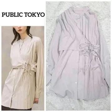 새상품급 PUBLIC TOKYO 아지메 하프 플리츠 셔츠 밴드 카라 리본