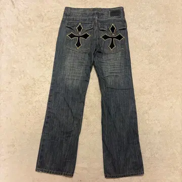 초레어 Y2K Affliction 해골 십자가 자수 데님 팬츠
