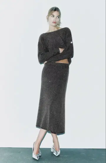 [새상품급] ZARA 스팽글 니트 미디 스커트 S 사이즈 브라운