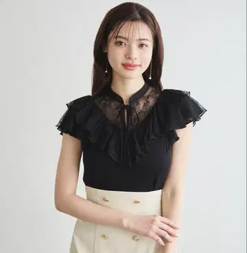 LILLIAN CARAT 프릴 레이스 도킹 상의 블랙