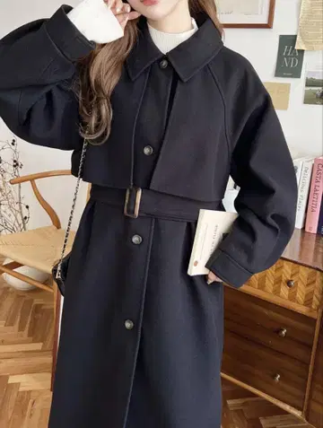 블랙 롱 코트 벨트 포함