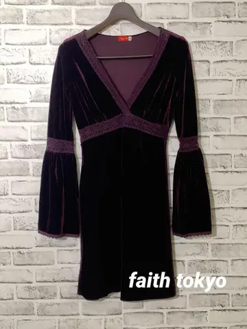 faithtokyo 벨로아 원단 미니 원피스 A라인 퍼플 V넥