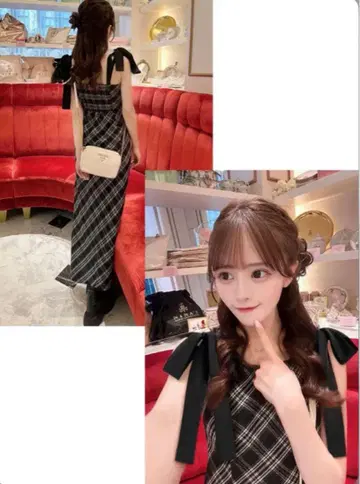 GRL 체크 무늬 숄더 리본 원피스