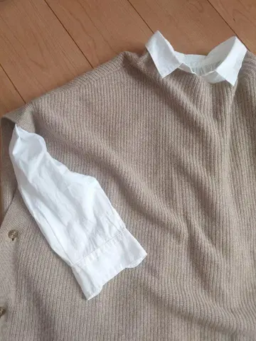 버튼이 달린 베이지 니트 베스트