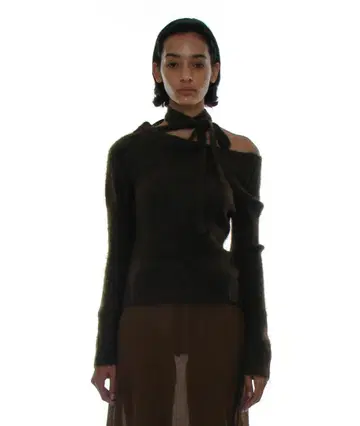 Tie Neck Strap Unbalanced Knit Top Brown