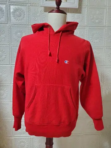 자수 택 90s 리버스위브 후드티 후디 딥 레드 S
