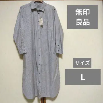 무인양품 워싱 브로드 레귤러 카라 긴팔 원피스 브라운 스트라이프