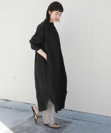 카구레 린넨 개더 셔츠 원피스 검정 블랙