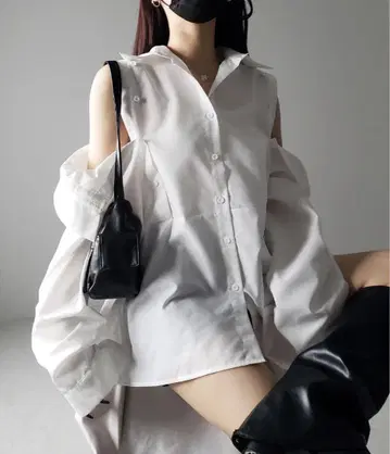 me+em select 오픈 숄더 컷 아웃 빅 셔츠