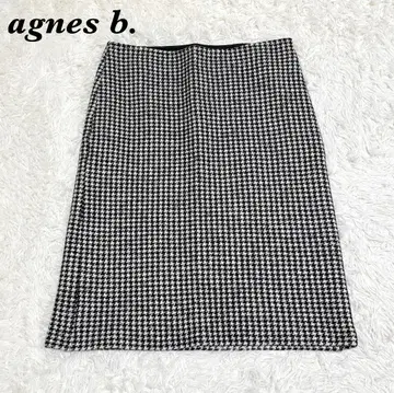 [새상품급] agnes b 하운드투스 패턴 미디 스커트 울 혼방 3 블랙