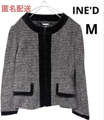 새상품급 INE'D 이네드 트위드 노카라 자켓 블랙 화이트 M