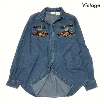 테디베어 곰돌이 자수입은 긴팔 데님 셔츠 여성 빈티지 빈티지