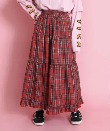 [ PUNYUS ] 체크 프릴 티어드 롱 스커트