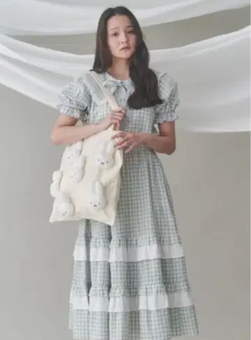 merry jenny 깅엄 리본 블라우스 레이스 플레어 스커트 그린