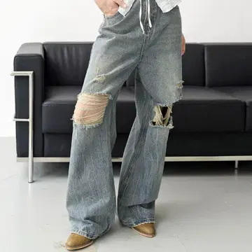 UNE MANSION 빈티지 워싱 데미지 와이드 데님 팬츠 S