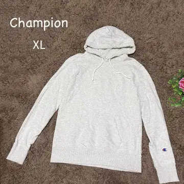 Champion L 그레이 후드 부착 후드티 로고 자수 드로스트 포켓