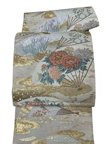 A16 일품 후쿠로 오비 전통 패턴 당초 꽃과 풀 금실 순수 실크