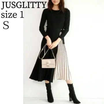 JUSGLITTY 긴팔 벨트 부착 배색 플리츠 니트 원피스 바이컬러 S