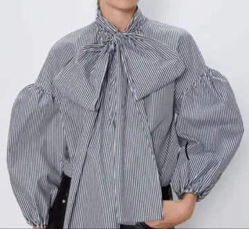 ZARA 자라 보타이 리본 스트라이프 블라우스 셔츠 루즈핏