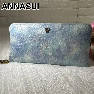 컨디션 최상 ANNA SUI 장지갑 라운드 지퍼 라메 나비 스카이블루
