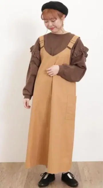면 나일론 V넥 오버롤 스커트 색상: 브라운 / 사이즈: F