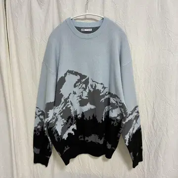 ZARA 자라 니트 티셔츠 마운틴 패턴 라이트 블루 파랑 스카이블루 L