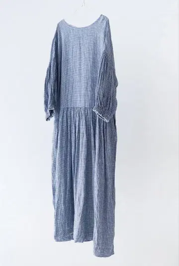 nestrobe 린넨 깅엄 벌룬 슬리브 원피스 네이비