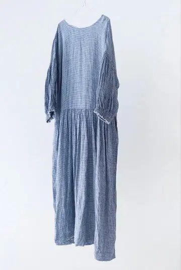 nestrobe 린넨 깅엄 벌룬 슬리브 원피스 네이비