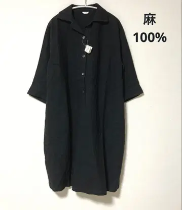 택 포함 일일 코모리 봉제 린넨 100% 셔츠 원피스 블랙 일본제