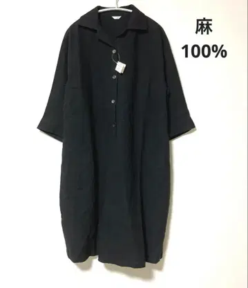 택 포함 일일 코모리 봉제 린넨 100% 셔츠 원피스 블랙 일본제