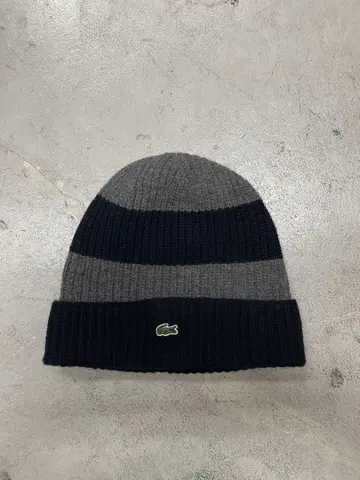 라코스테 LACOSTE 니트 모자 비니 보더 자수 네이비 그레이