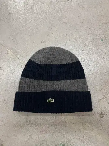 라코스테 LACOSTE 니트 모자 비니 보더 자수 네이비 그레이