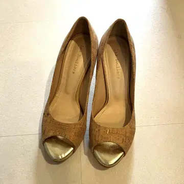 코르크 원단 오픈토 골드 7cm 힐