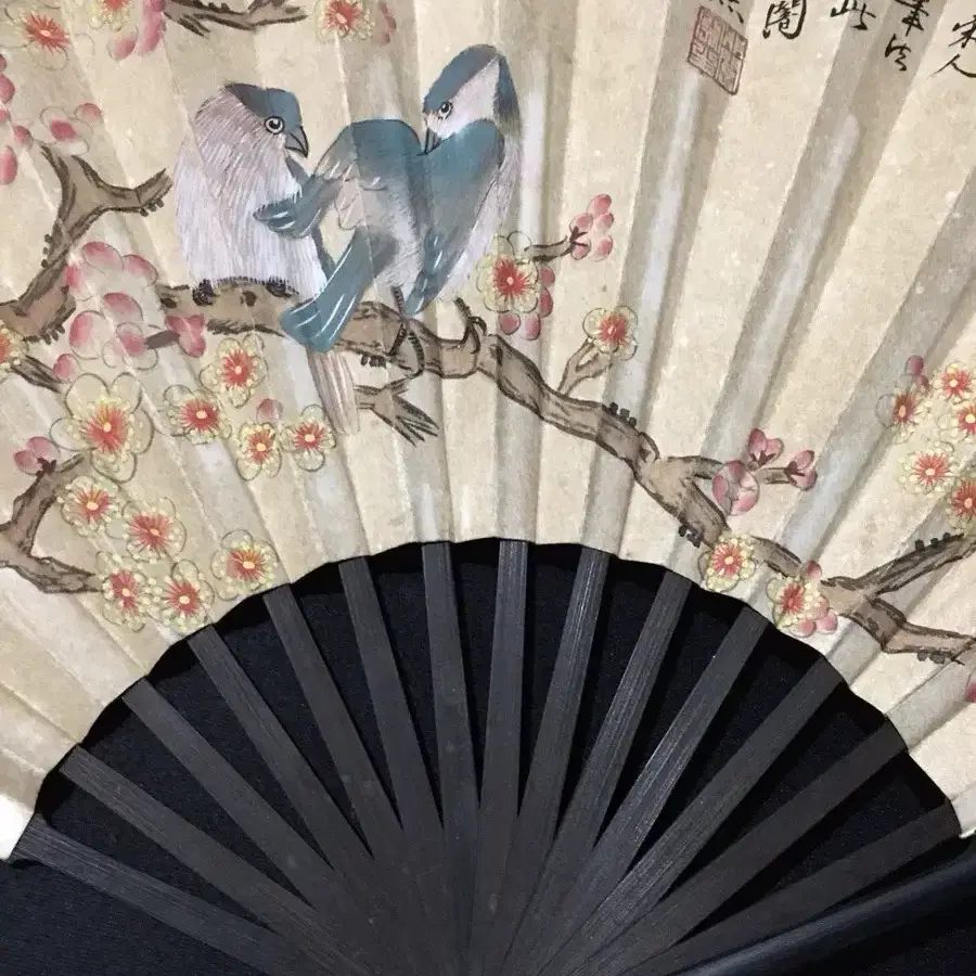 골동품] 중국유명화가 우비암의 화조도 수공 색채 부채 그림