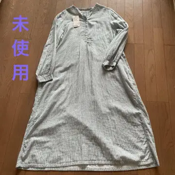 MUJI 카복 혼방 이중 거즈 오가닉 코튼 긴팔 원피스 XL 스트라이프