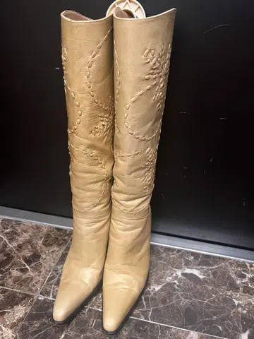 비비안 리 롱 부츠 골드 베이지 자수 가죽 웨스턴 35