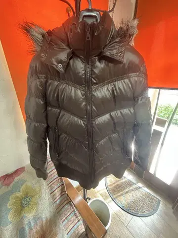 브라운 후드 부착 다운 자켓 M