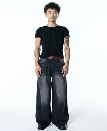 MENES 와이드 레그 데님 팬츠 다크 그레이
