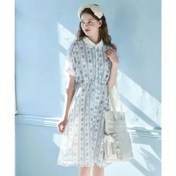 스트라이프 꽃무늬 셔츠 원피스 반팔