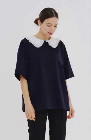 yori 플로키 도트 둥근 카라 tee 네이비