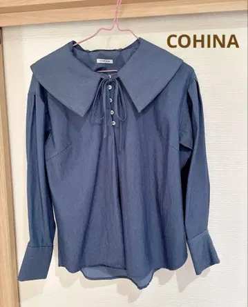 cohina 히나 블라우스 탈부착 카라 부착 블라우스 긴팔 셔츠 네이비