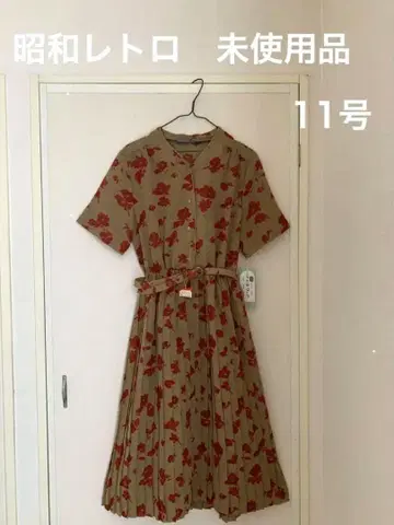 쇼와 레트로 반팔 원피스 꽃무늬 벨트 포함 11호 카키색 미사용품