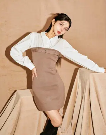 다리치 [ 미사용 새상품 ] 브라운 긴팔 셔츠 드레스 벨트 포함