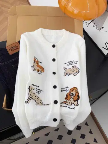 개 자수 화이트 가디건