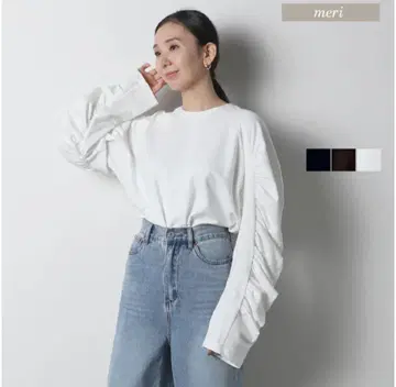 meri 미 소매 볼륨 개더 상의 블랙 새상품 택 포함