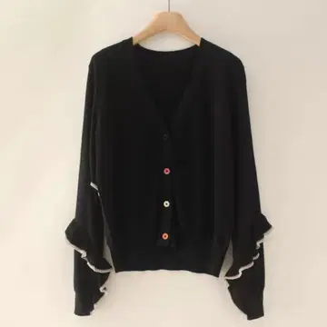 블랙 프릴 소매 가디건