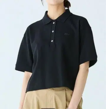 LACOSTE 카노코 와이드 크롭 기장 반팔 피케 셔츠 블랙