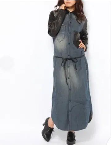 파나지 고아 가죽 콤비 빈티지 데님 롱 스커트